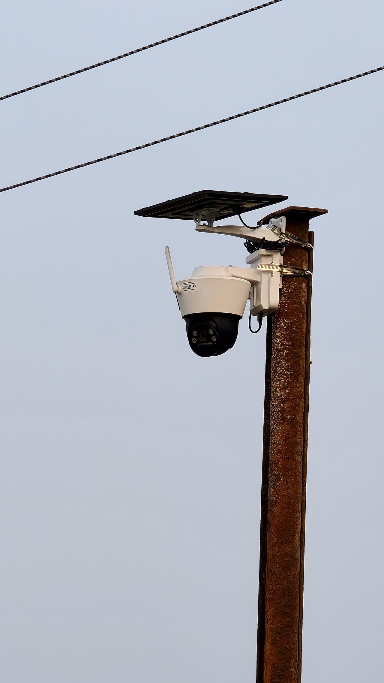 Solar-powered PTZ surveillance camera installed on a pole in Chennai.